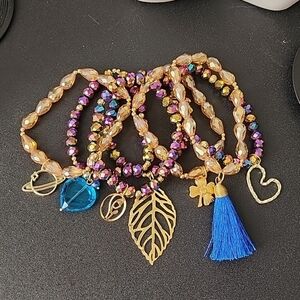 Hand Made Set of 7 AB Gold Crystal Glass Bracelets with Gold Charms Seman…